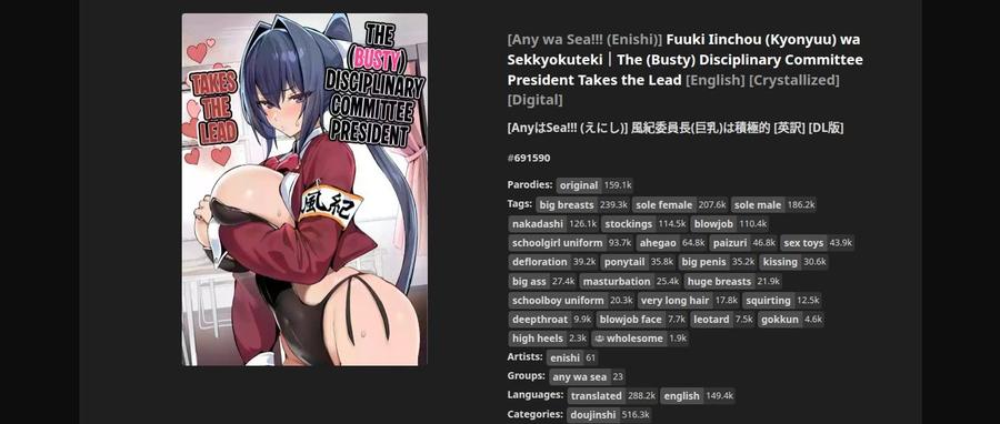 Seriesida på nhentai.net med omslag till vänster och titel, taggar och tecknare till höger.